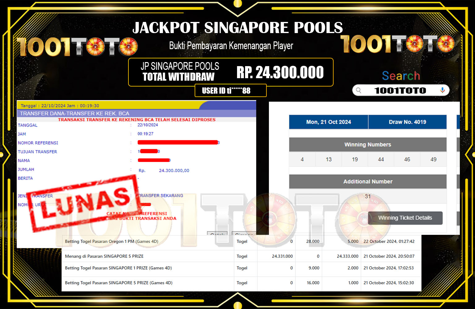 ??? 1001TOTO  JACKPOT TOGEL SINGAPOREPOOLS Rp.24.300.000,- LUNAS ⏪⏪⏪