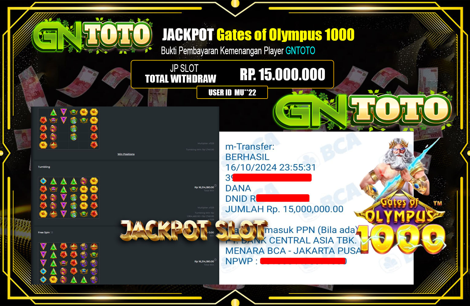 ??? GNTOTO JACKPOT SLOT Pragmatic (Gates of Olympus 1000) Rp.15.000.000,- LUNAS ⏪⏪⏪