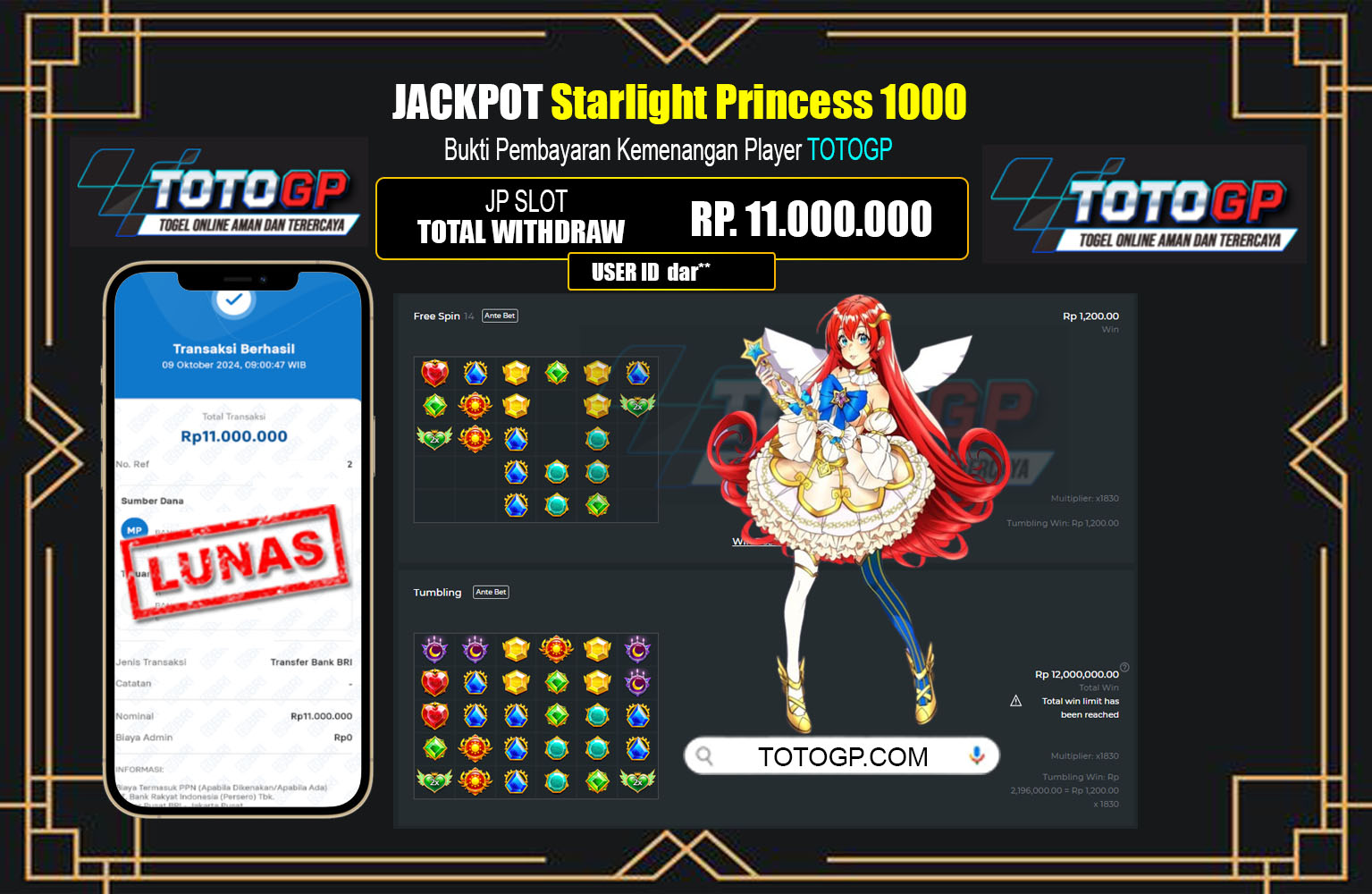 TOTOGP  JACKPOT Pragmatic (Starlight Princess 1000)  Rp.11.000.000.,- LUNAS