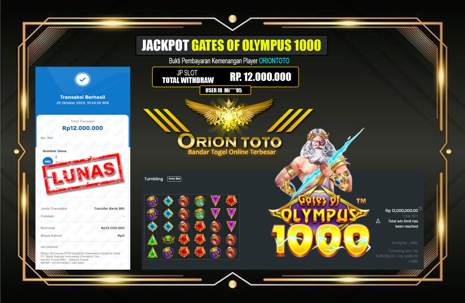 ??? ORIONTOTO JACKPOT SLOT Gates of Olympus 1000 Rp.12.000.000,- LUNAS ⏪⏪⏪