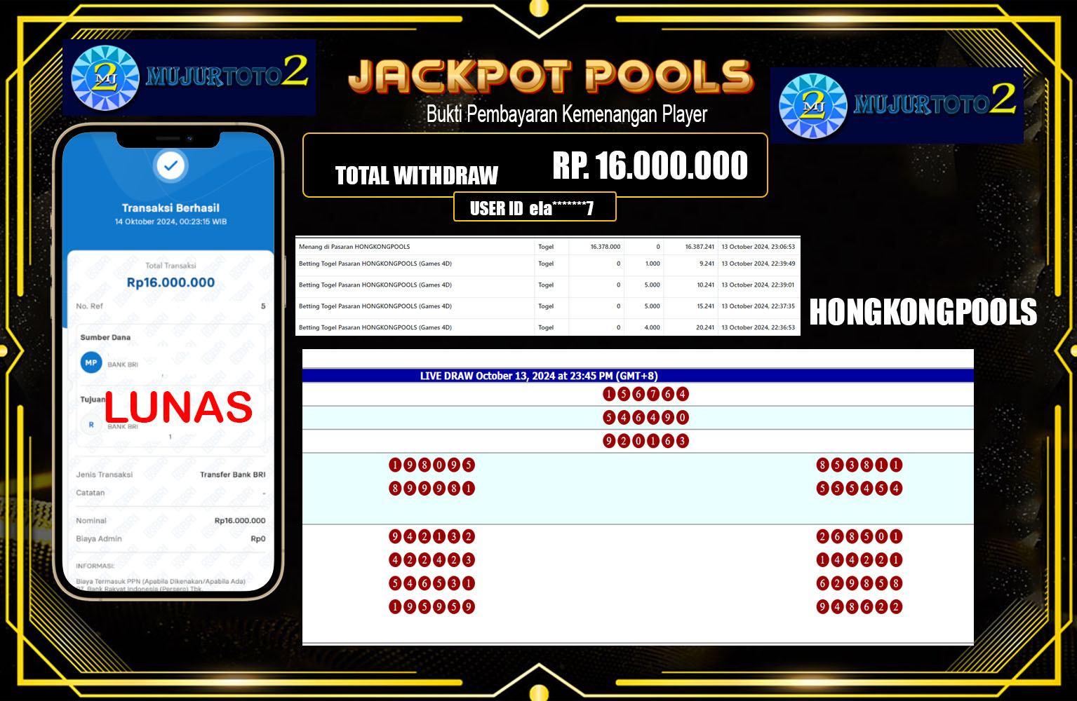 ??? MUJURTOTO JACKPOT HONGKONGPOOLS    Rp.16.000.000,- LUNAS ⏪⏪⏪	