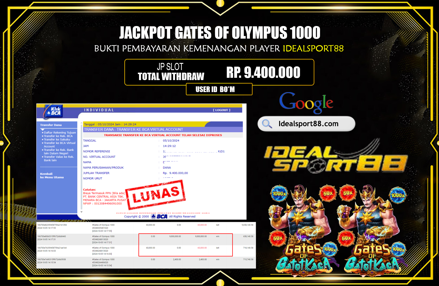 ???IDEALSPORT88 JACKPOT GATE OF OLYMPUS 1000 Rp.9.400.000,- LUNAS ⏪⏪⏪