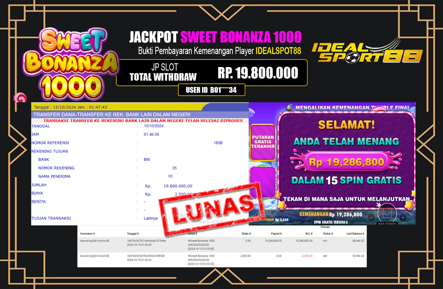  ??? IDEALSPORT88 JACKPOT Pragmatic (Sweet Bonanza 1000)  Rp.19.800.000.,- LUNAS  ???