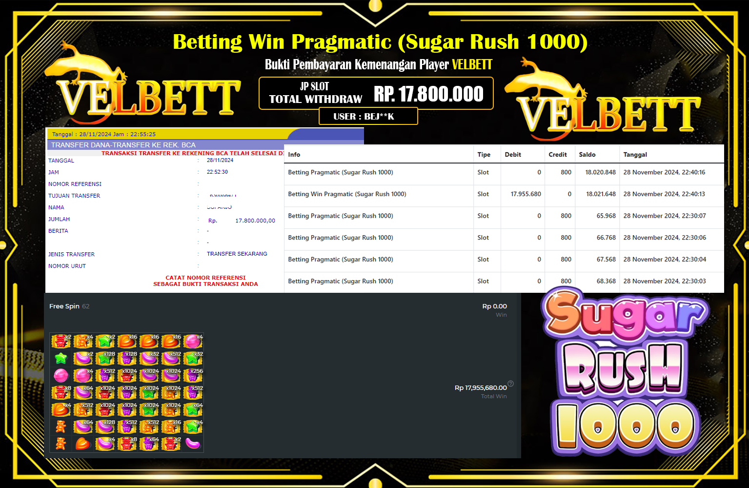 VELBETT JACKPOT SUGAR RUSH 1000  Rp.17.800.000,- LUNAS