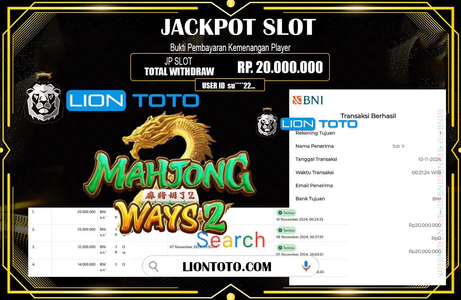 LIONTOTO JACKPOT MAHJONG WAYS  Rp.20.000.000,- LUNAS