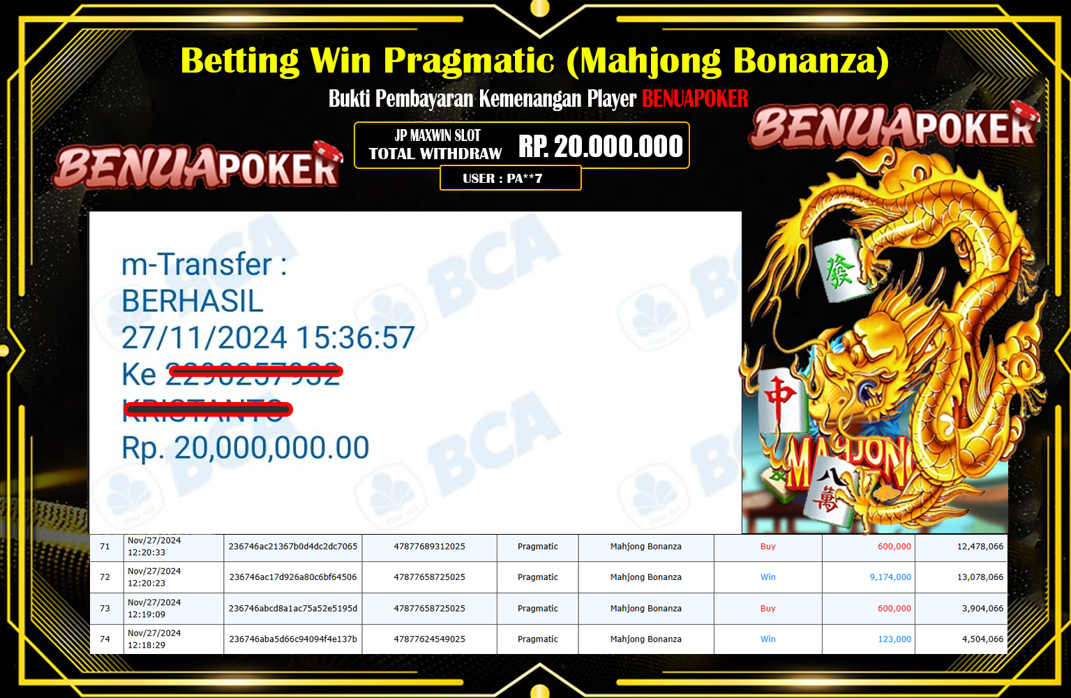 BENUAPOKER JACKPOT MAHJONG BONANZA  Rp.20.000.000,- LUNAS