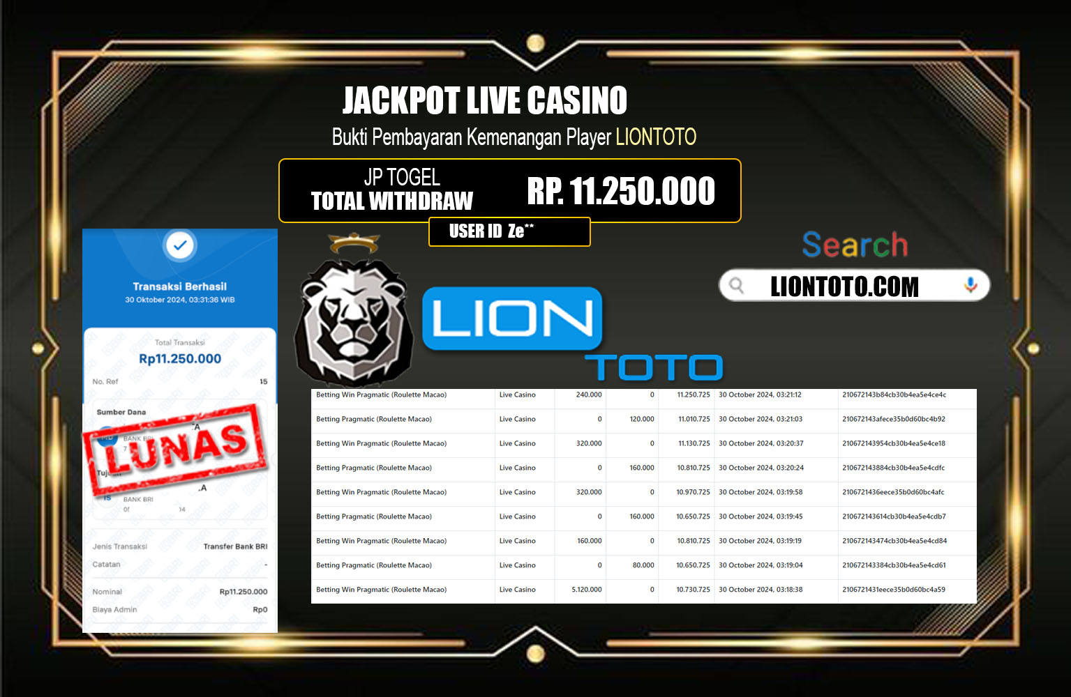 ??? LIONTOTO  JACKPOT LIVE CASINO Rp.11.250.000,- LUNAS ⏪⏪⏪