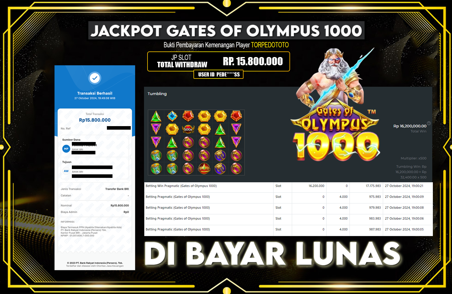 ??? TORPEDOTOTO  JACKPOT GATES OF OLYMPUS 1000   Rp.15.800.000,- LUNAS ⏪⏪⏪