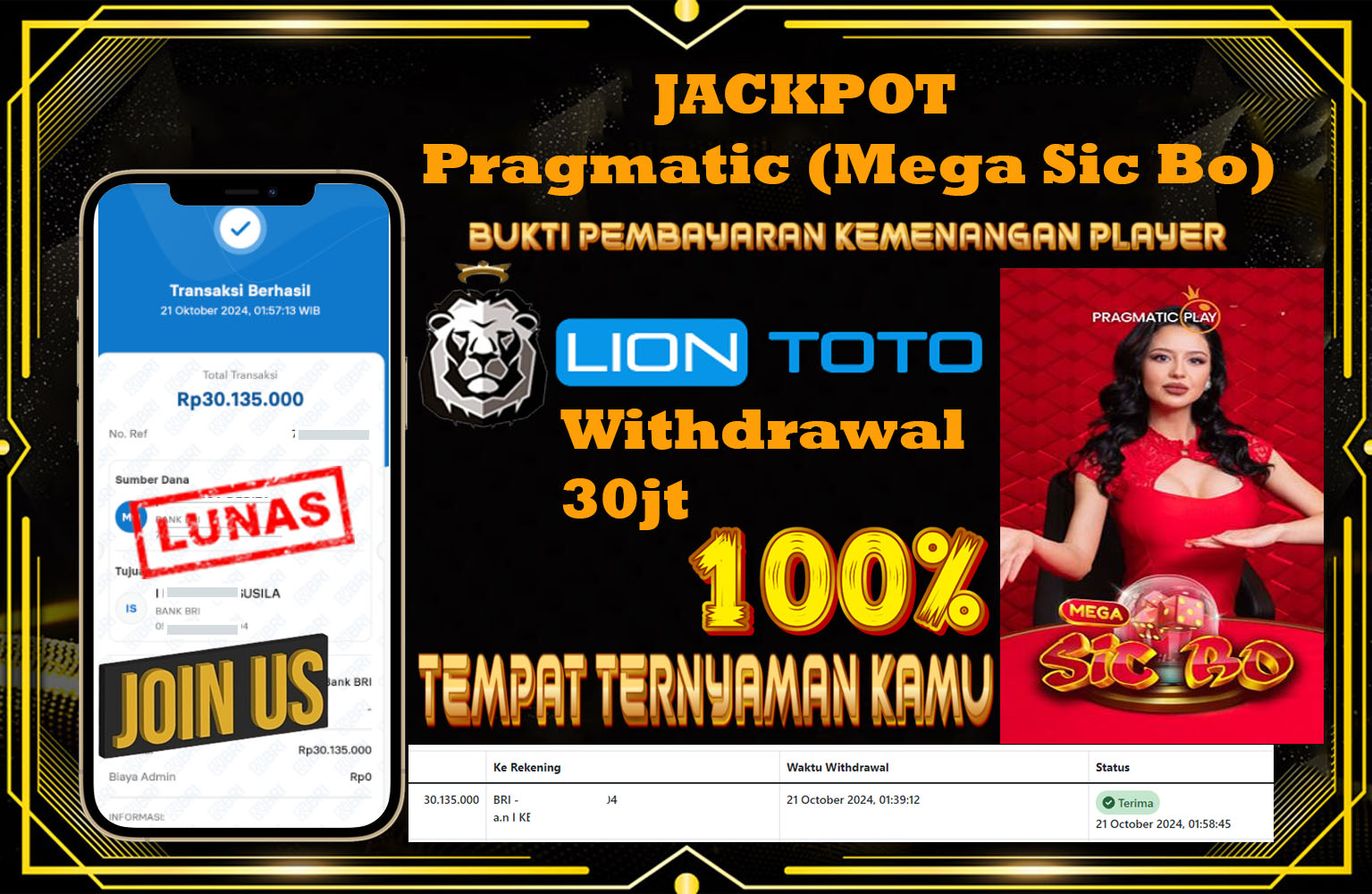 ??? LIONTOTO  JACKPOT Pragmatic (Mega Sic Bo) Rp.30.135.000,- LUNAS ⏪⏪⏪