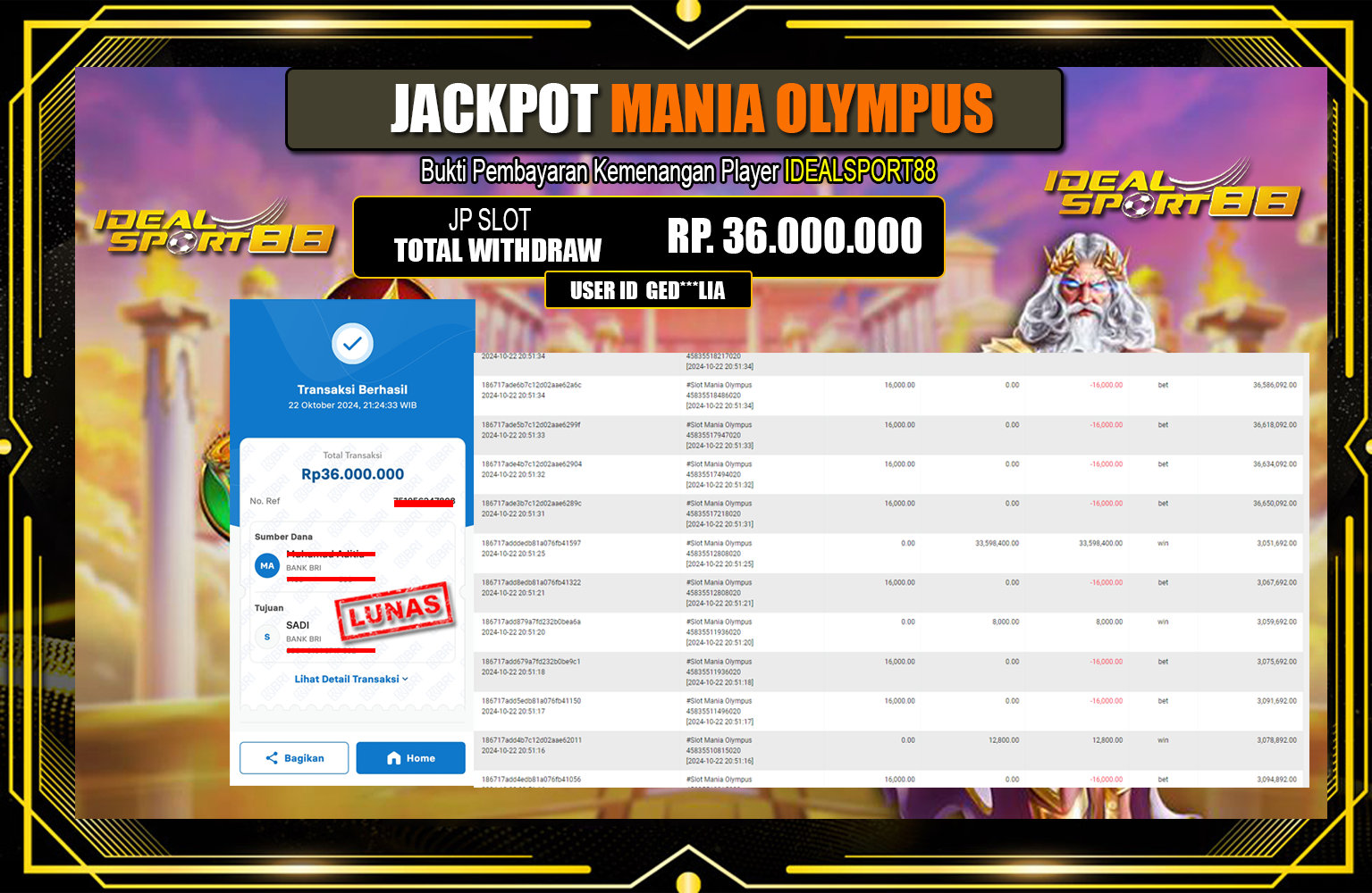 ??? IDEALSPORT88  JACKPOT SLOT MANIA OLYMPUS   Rp.36.000.000,- LUNAS ⏪⏪⏪