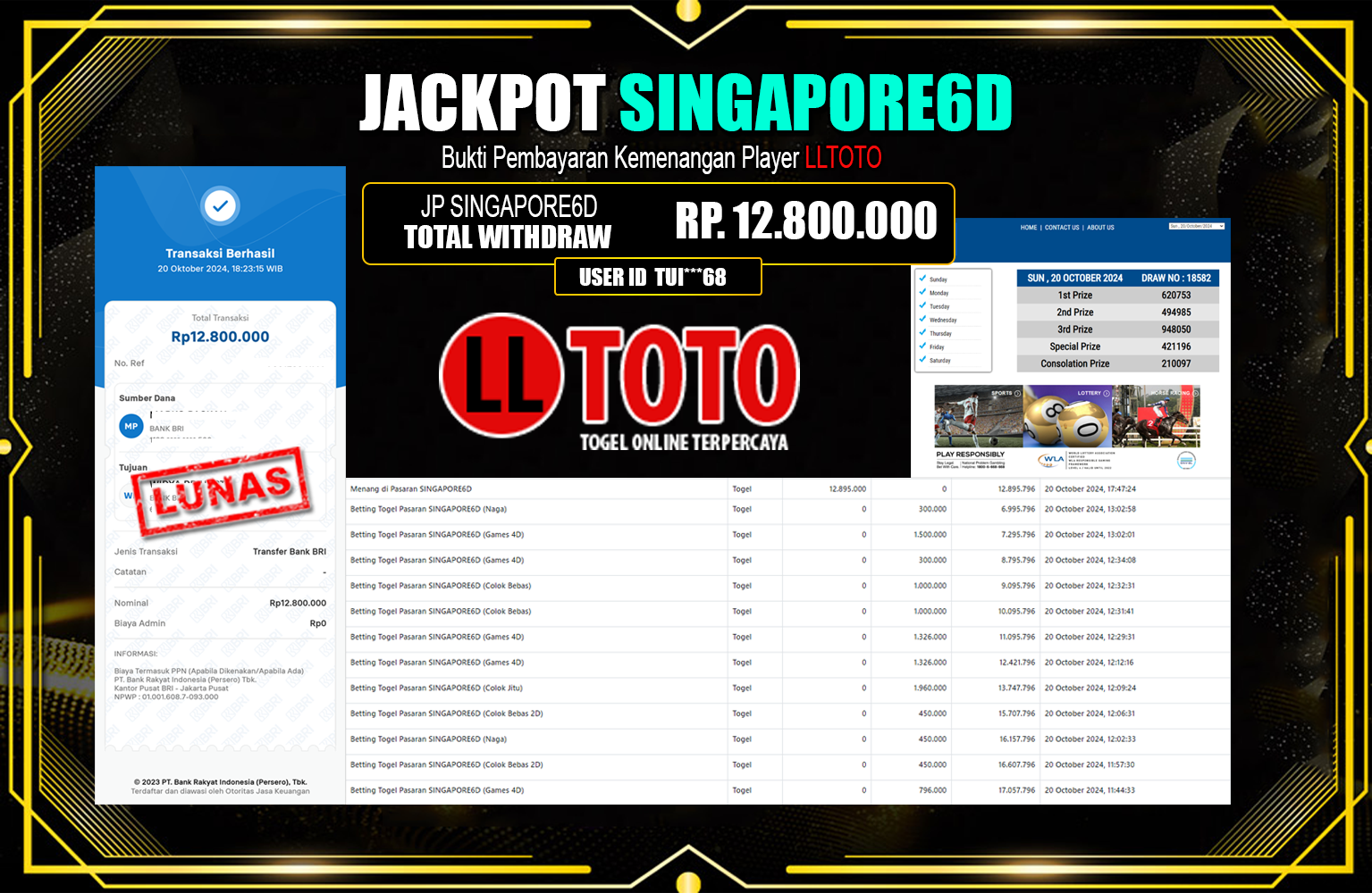 ??? LLTOTO JACKPOT SINGAPORE6D  Rp.12.800.000,- LUNAS ⏪⏪⏪