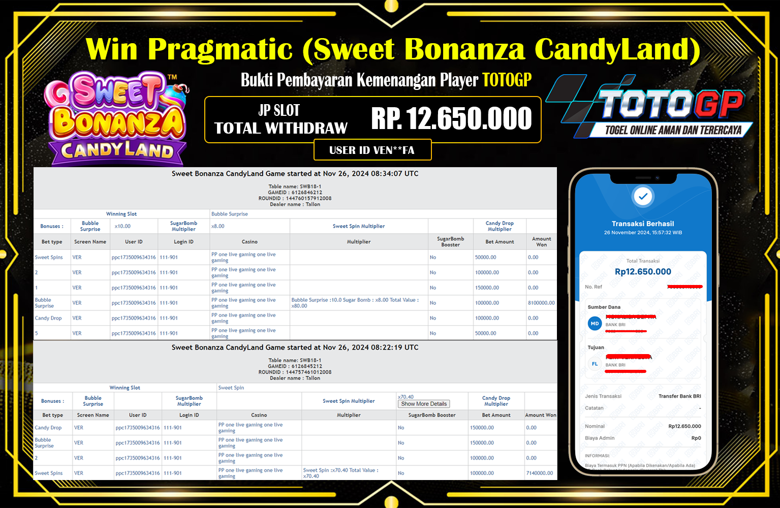 TOTOGP JACKPOT SWEET BONANZA CANDYLAND  Rp.12.650.000,- LUNAS