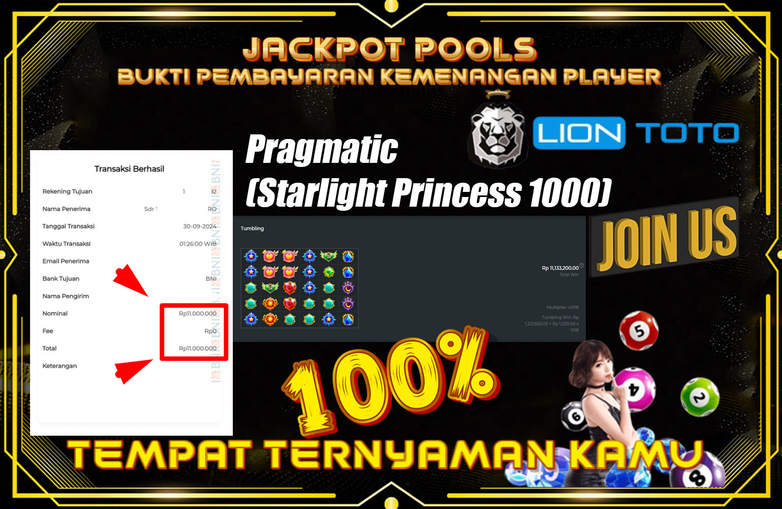 LIONTOTO JACKPOT Pragmatic (Starlight Princess 1000)  Rp.11.000.000.,- LUNAS