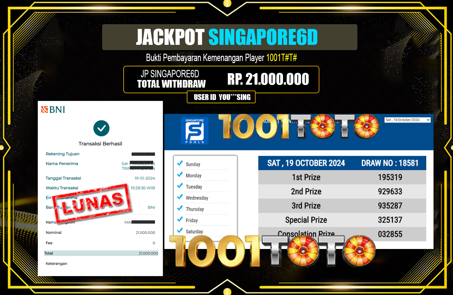 ??? 1001TOTO JACKPOT SINGAPORE6D  Rp.21.000.000,- LUNAS ⏪⏪⏪