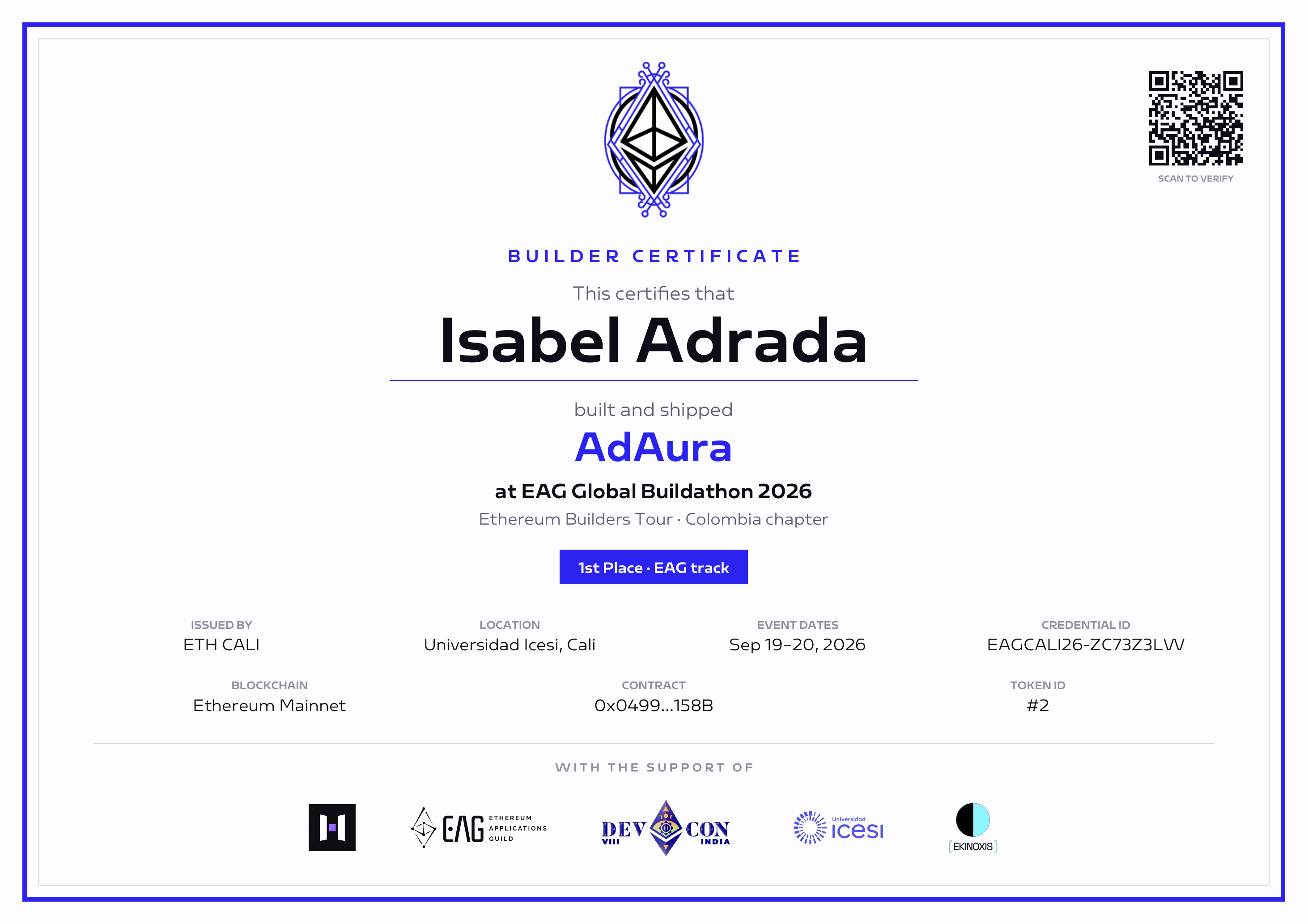 Builder certificate — Isabel Adrada, AdAura